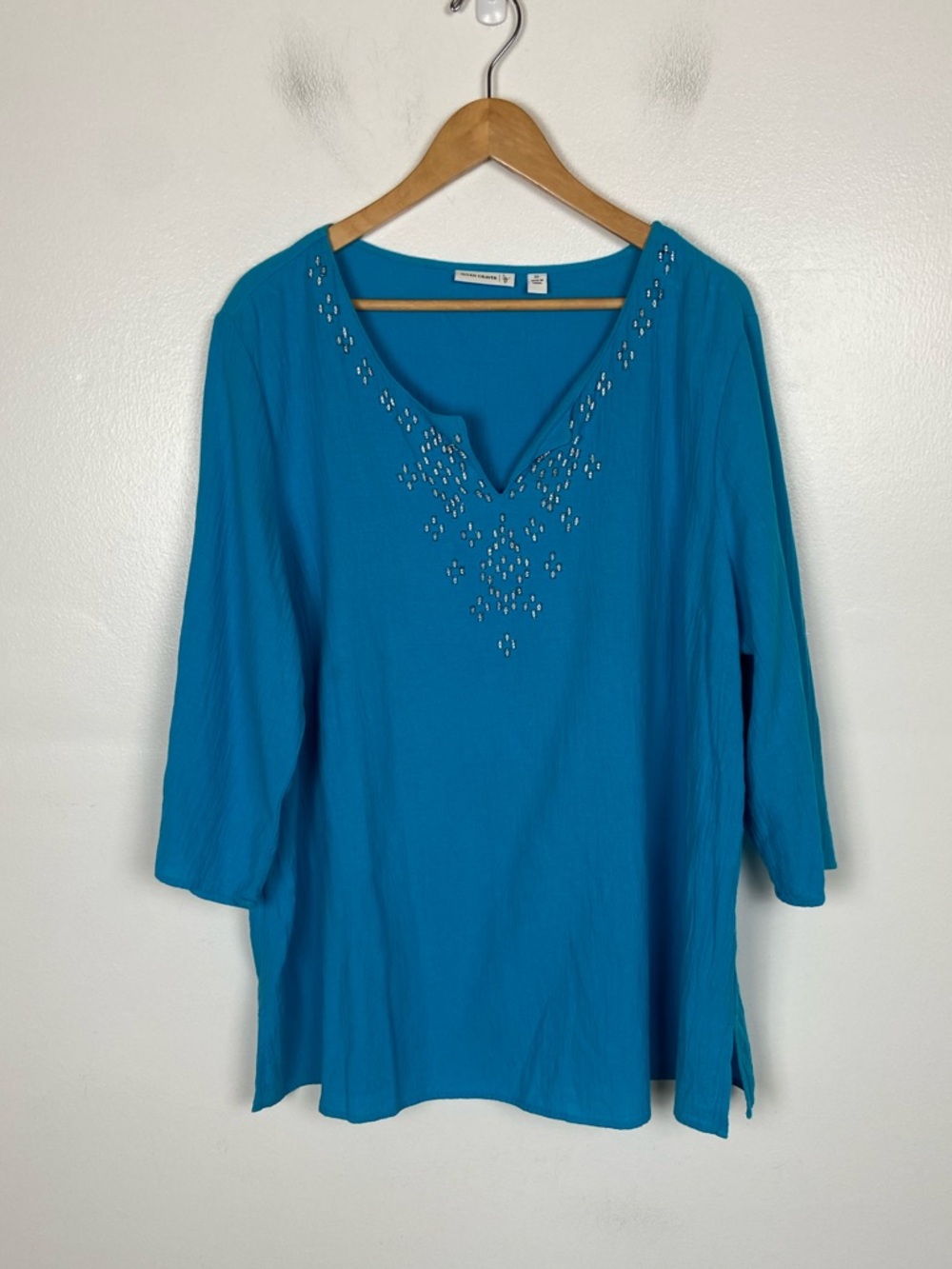 Susan Graver Boho Tunic Top XL Blue Lagenlook Embellished Cotton Coastal Resort